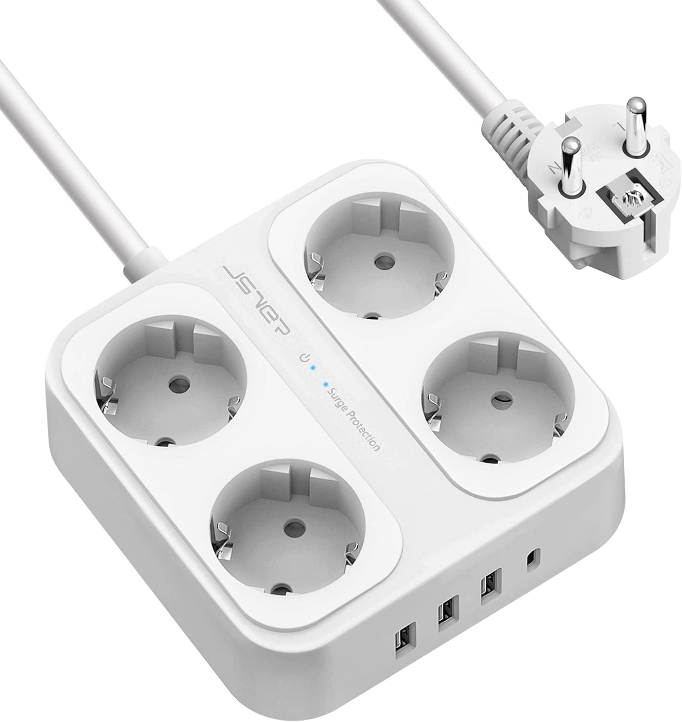 Detalle de JSVER Steckdosenleiste 4-fach USB + USB-C, Wandmontage, 1,8 m Kabel, 1050 J Überspannungsschutz