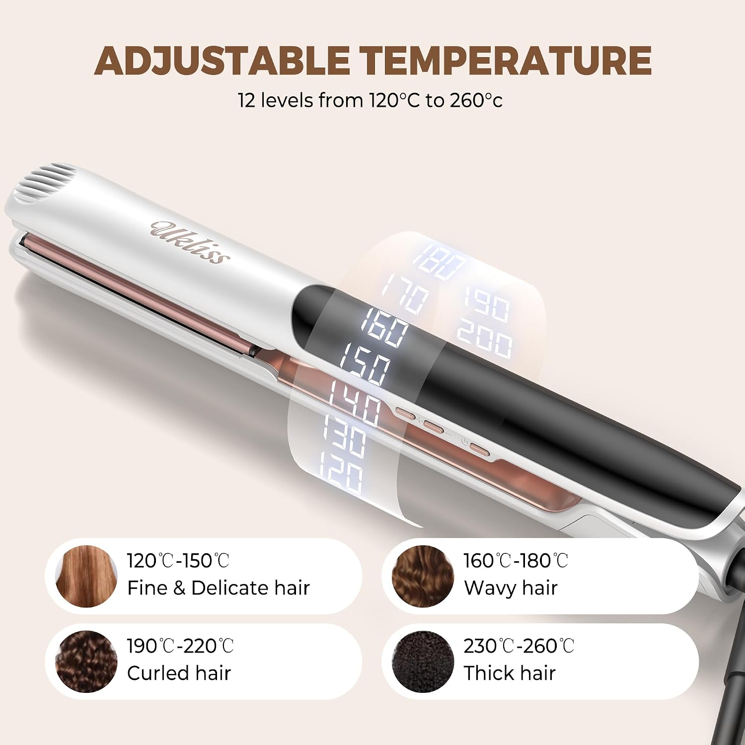 Detalle 2 de Piastra Capelli Professionale UKLISS 2 in 1 (liscia e arriccia) con tecnologia ceramica & ionica, display LCD fino a 260°C