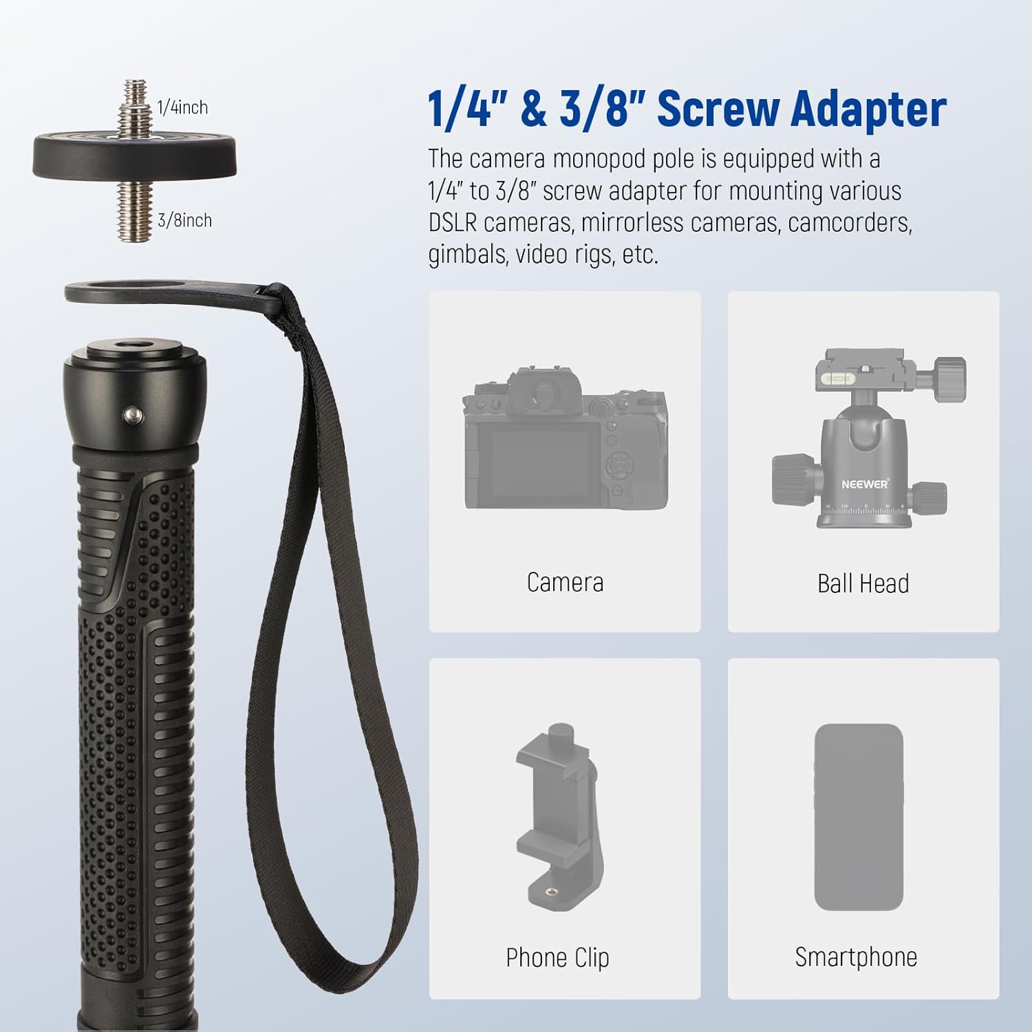 Thumbnail 3 de NEEWER 66.5" Camera Monopod Stand (Lightweight Aluminium Travel Monopod) with 1/4" & 3/8" Adapter, TP42
