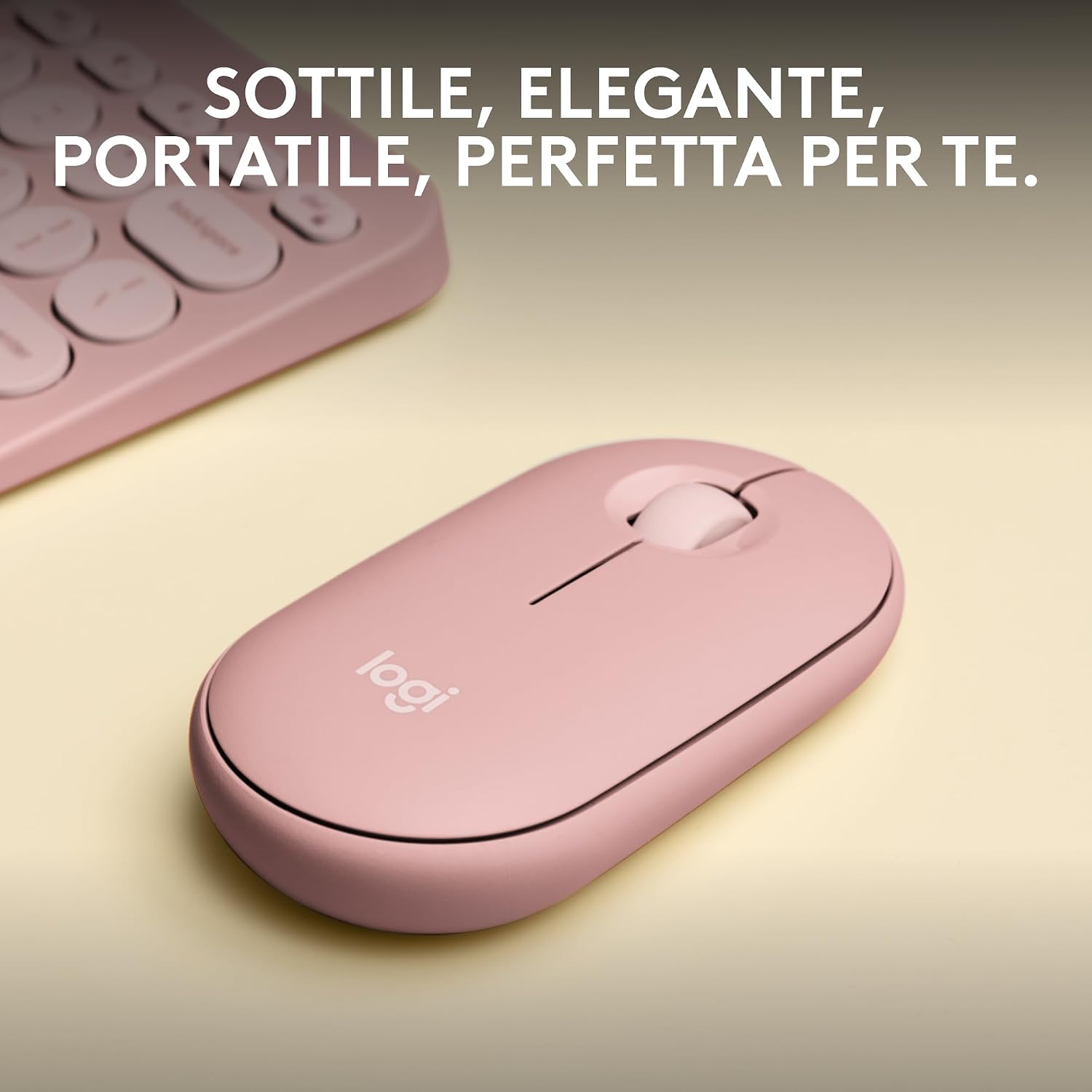 Detalle de Logitech Pebble Mouse 2 M350s: mouse Bluetooth sottile, leggero e personalizzabile in rosa