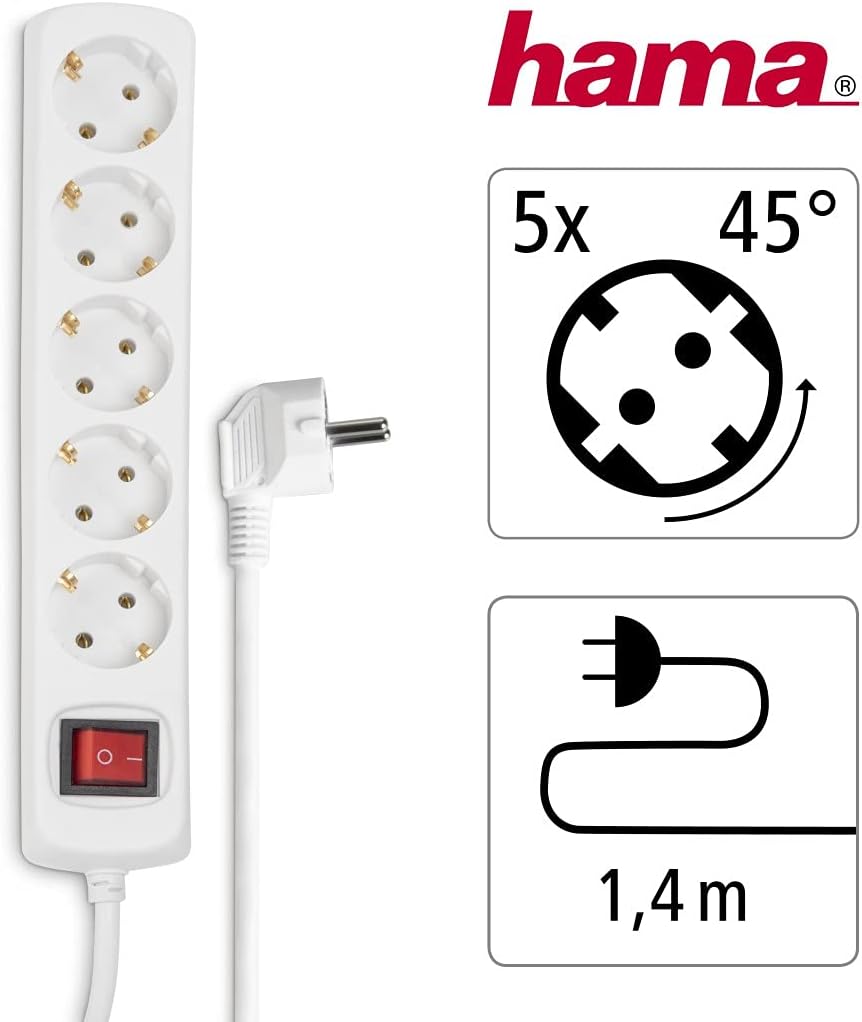 Detalle 2 de Hama Multiprise 5 Prises 16A avec Interrupteur – Rallonge 1,4 m, Type F Schuko, 3500W
