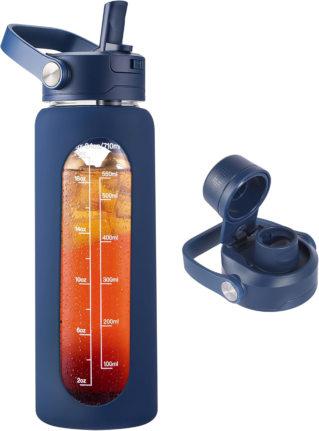 Detalle de CIVAGO GWJ24NAVY 24 oz Glass Water Bottle with Straw and Time Markers