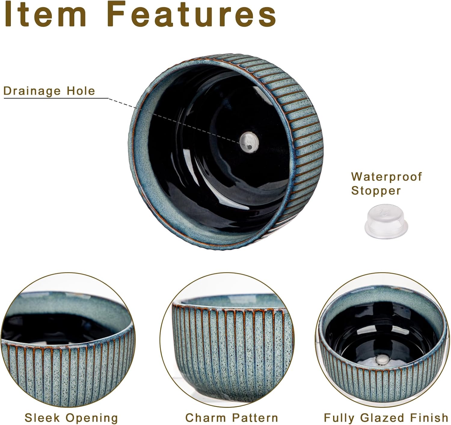 Detalle de Oairse 6-Inch Ceramic Plant Pot with Drainage Hole — Grey Blue for Indoor/Outdoor Use