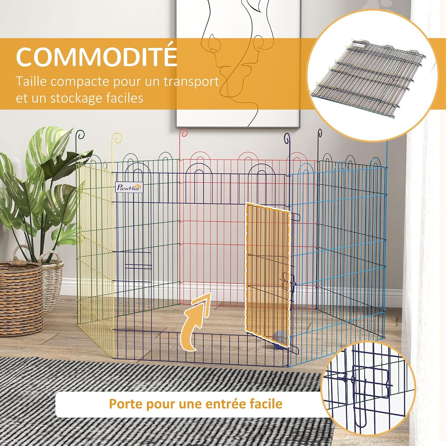 Detalle de PawHut Enclos Chien Pliant en métal – Parc pour animaux 6 panneaux, Ø120 x 60 cm, Multicolore