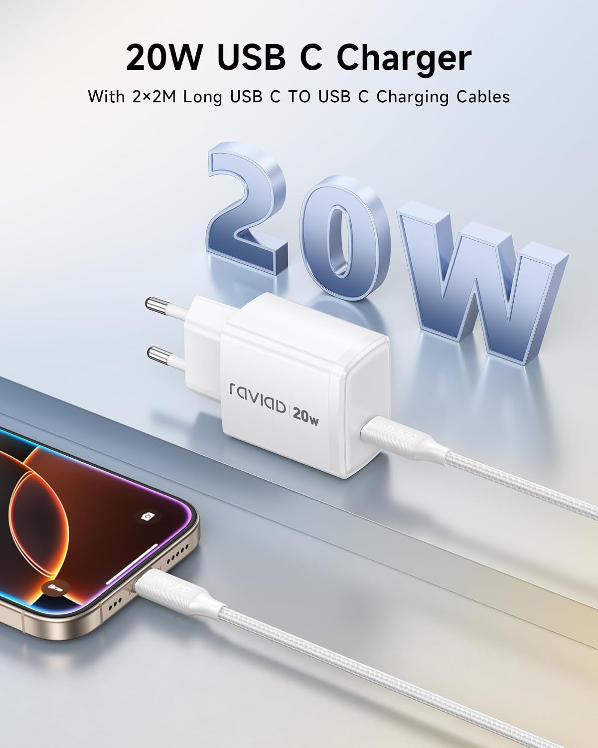 Detalle de RAVIAD USB‑C Ladegerät 2er‑Pack, 20W Schnellladeadapter mit 2 m USB‑C Kabel – kompakt und flexibel