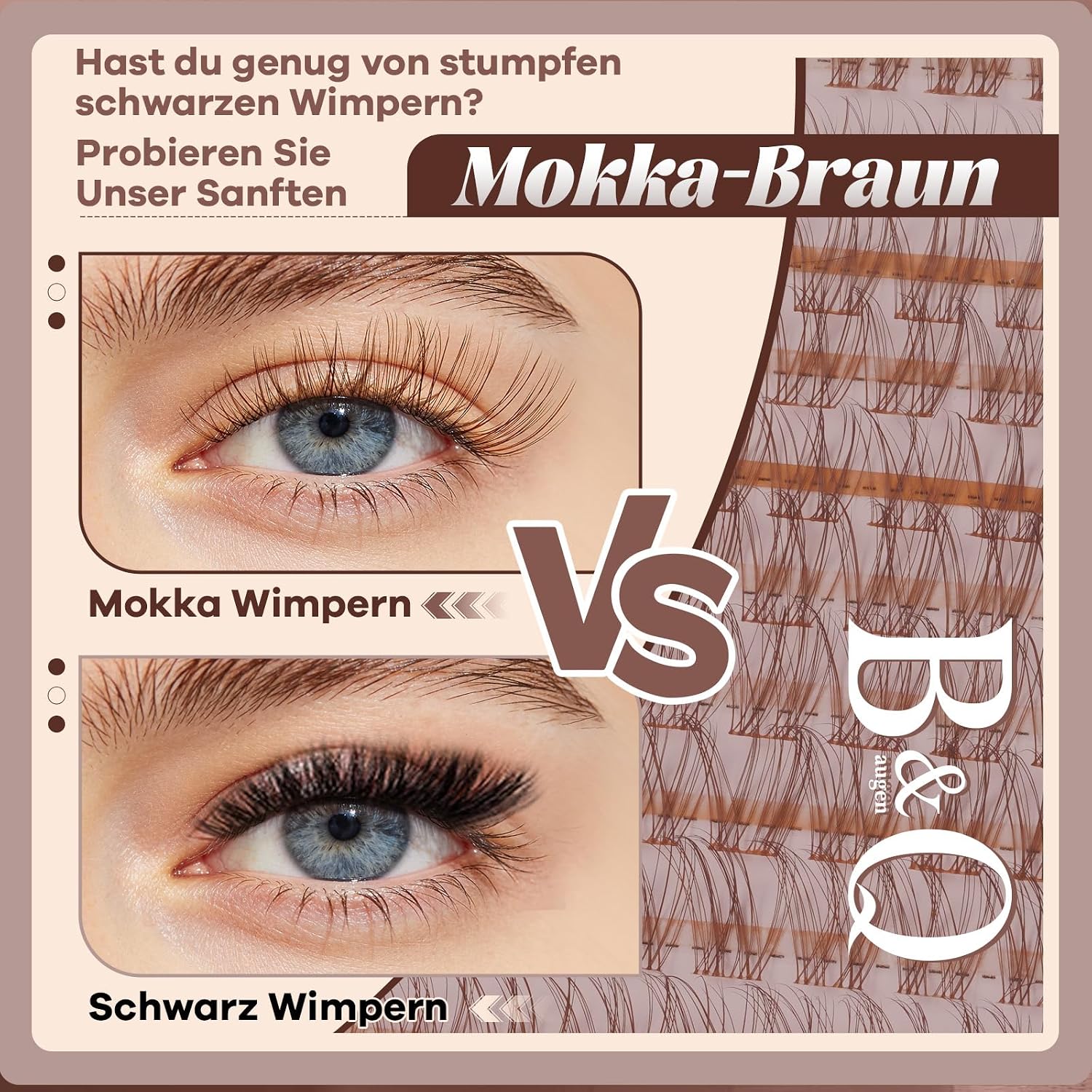 Detalle de B&Qaugen Lashes Extension Set Wispy Braun – Natürlicher Look mit Brownbraune Cluster-Lashes (8–16 mm) und Bond & Seal