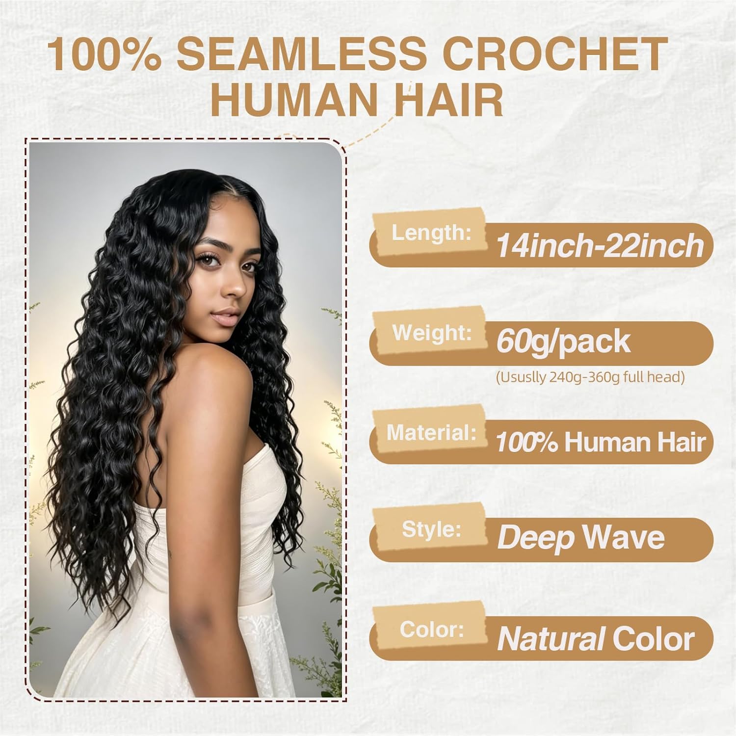 Detalle de Human Crochet Hair for Black Women: 14 Inch Feather Deep Wave Crochet Extensions, 60g, 50 Strands