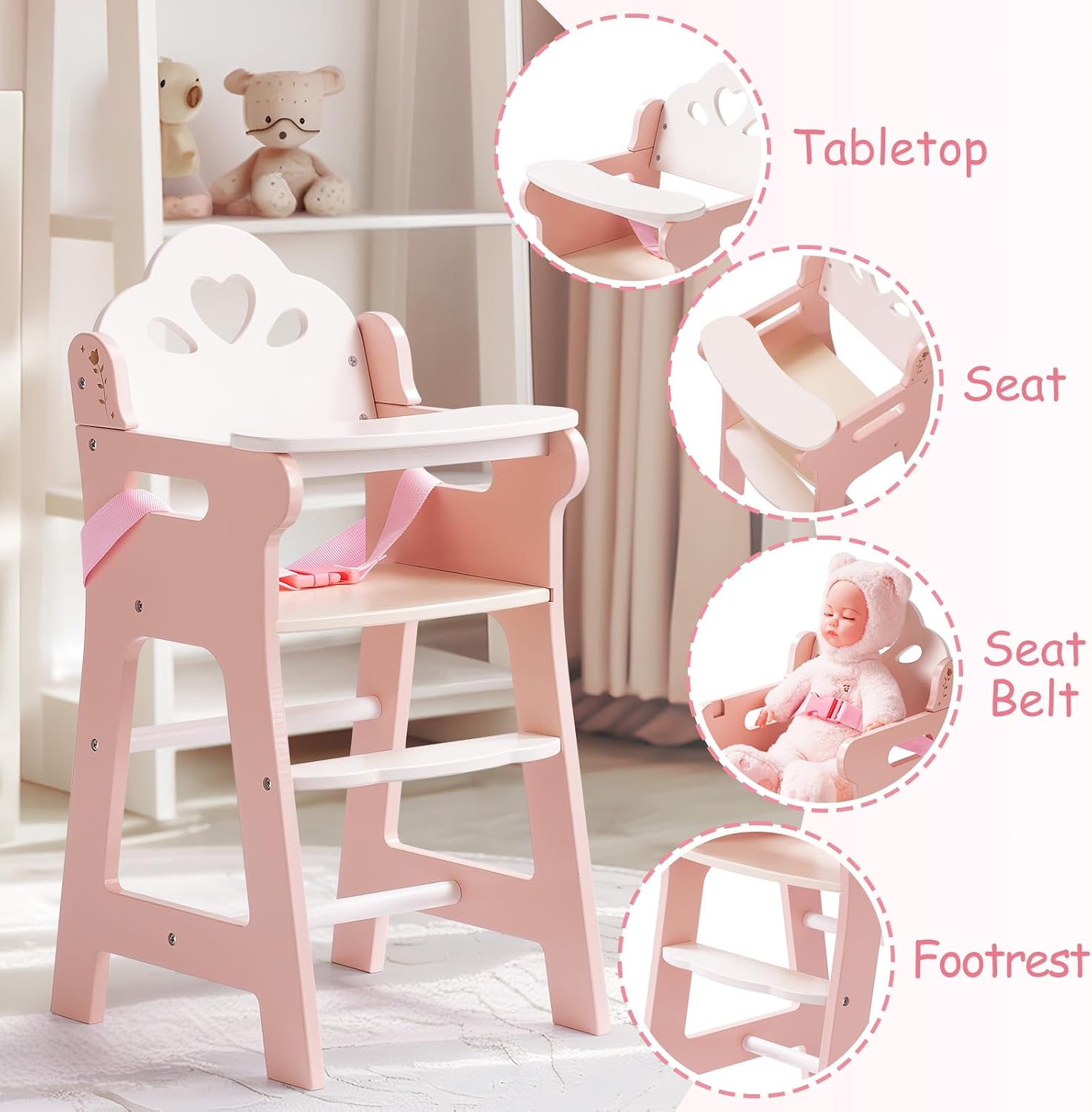 Thumbnail 5 de ROBOTIME Baby Puppen Hochstuhl aus Holz – Rosa, für Puppen bis 18 Zoll