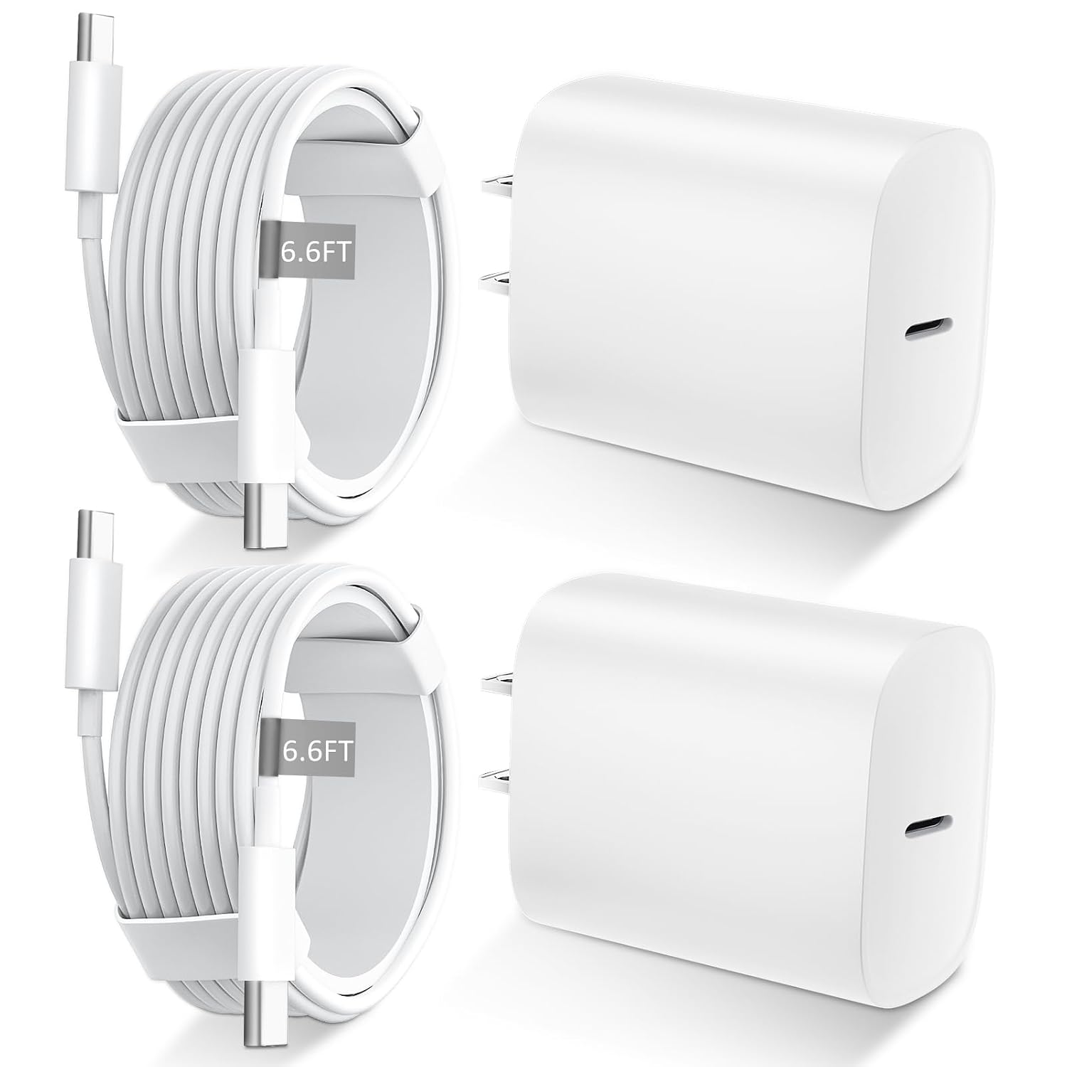 Detalle de Phone 17 16 15 Fast Charger (USB-C) 20W with Type-C Cable, 2-Pack Blocks + 2-Pack 6.6 ft Cables, White