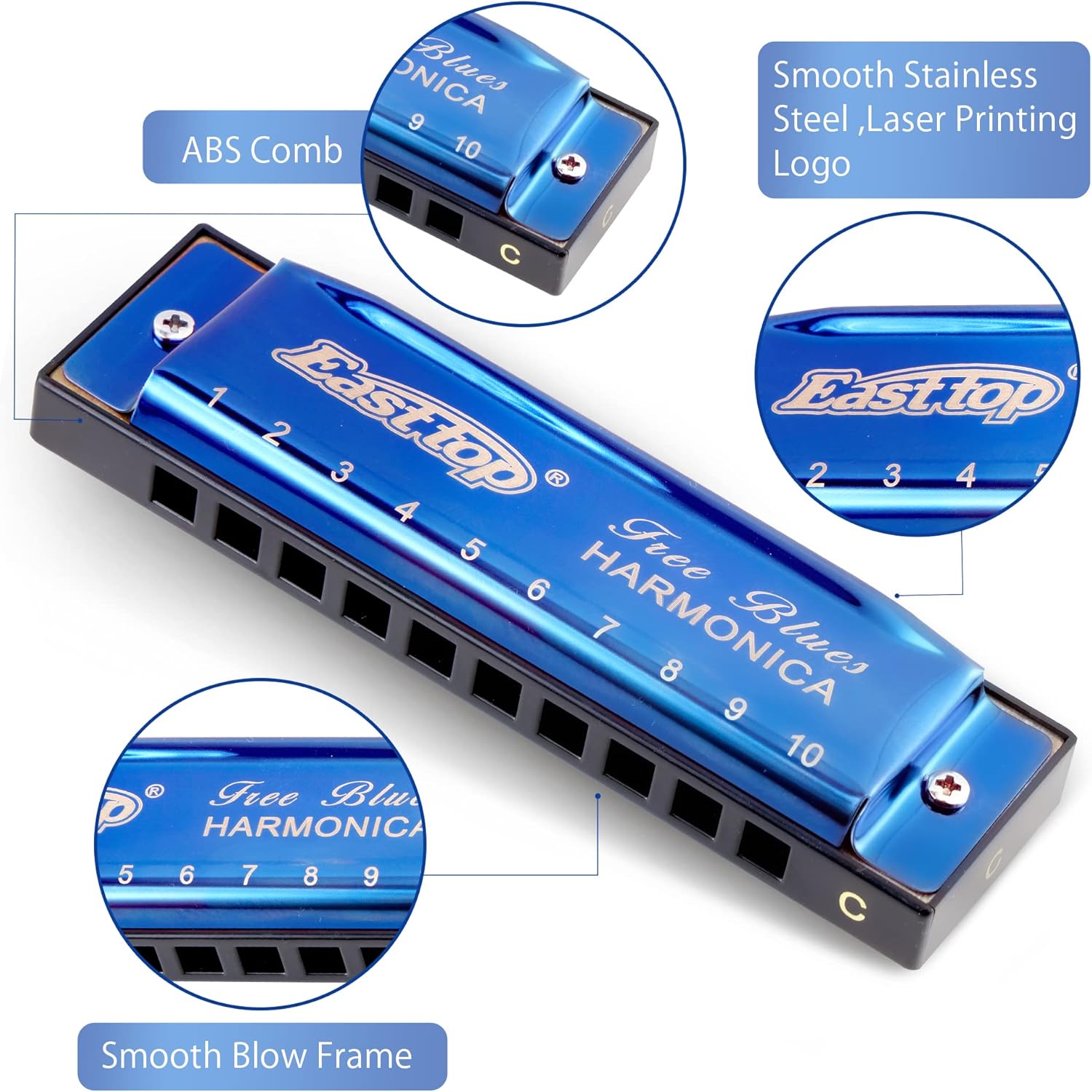 Thumbnail 1 de East Top Mundharmonika Blau 10 Löcher – Professionelle Diatonic Blues Harmonica in C