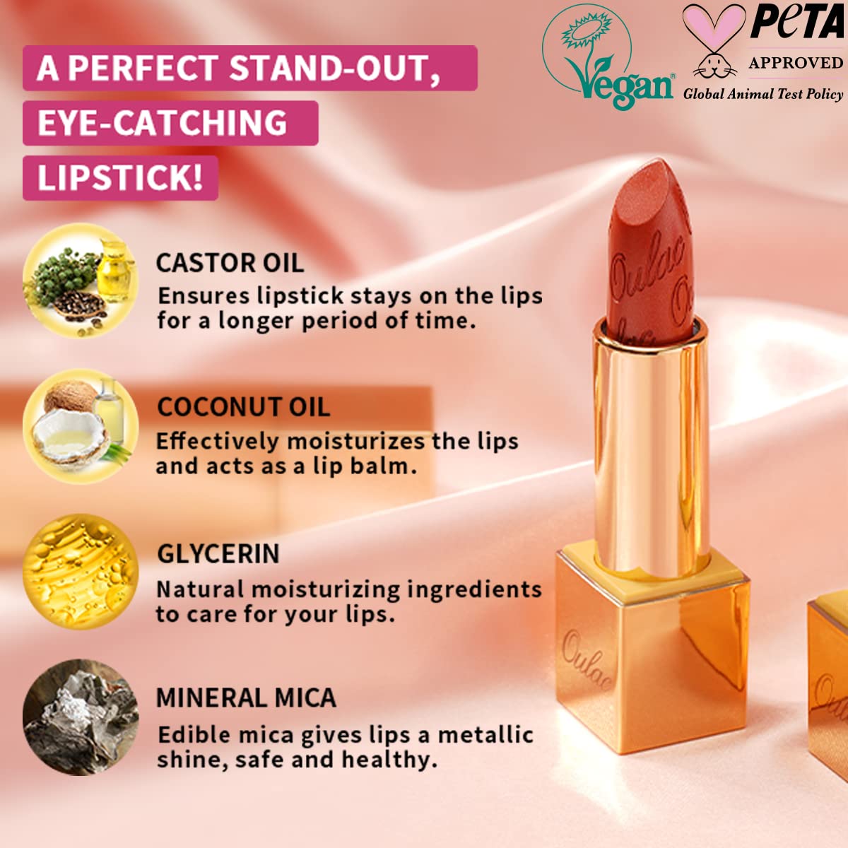 Thumbnail 5 de OULAC Lippenstift Metallic Glanz Finish „Baby Angel“ (13) – veganer Metallik-Glanz mit feuchtigkeitsspendendem, wasserfestem Tragegefühl