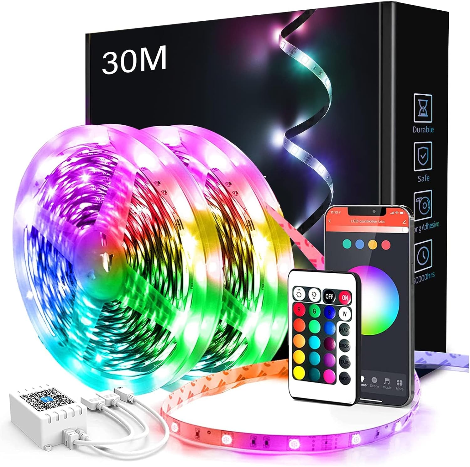 Detalle de phopollo 30m LED Strip Light: RGB Music Sync, Smart App & IR Remote, 24V, 2x15m Rolls