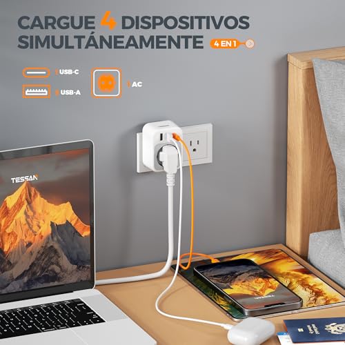 Detalle de TESSAN 2 Piezas Adaptador Enchufe USA 4 en 1 con USB-C y USB-A