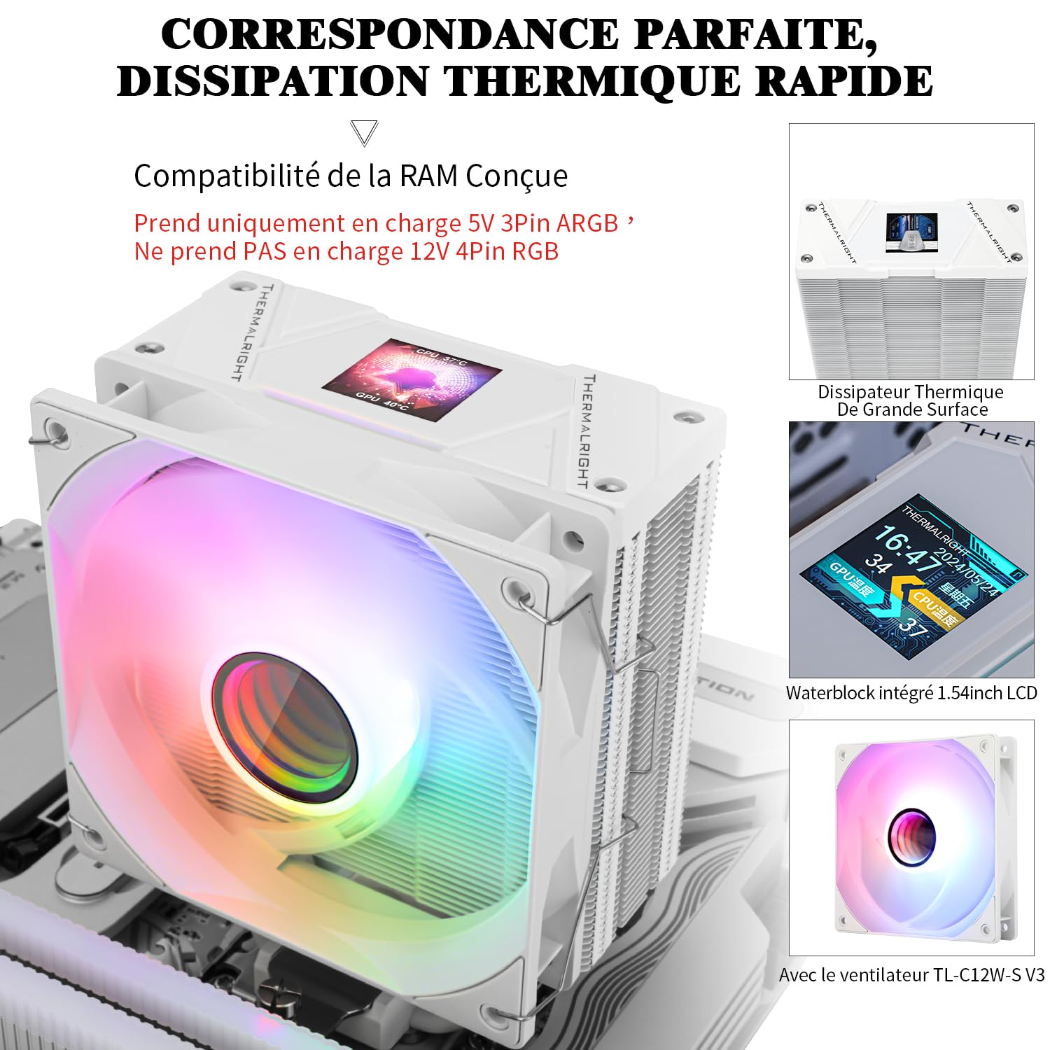 Detalle de TR Assassin Spirit 120 Vision ARGB bianco – CPU Air Cooler con display LCD IPS 1,54” e compatibilità Intel LGA1700/1851, AMD AM4/AM5