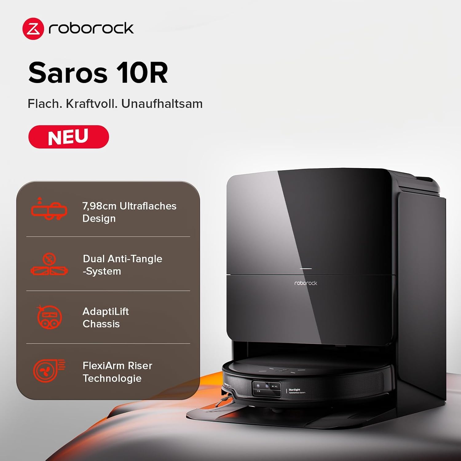 Detalle de roborock Saros 10R Saugroboter mit Wischfunktion – ultra flach, autonomes Reinigungs-System und Smart Docking