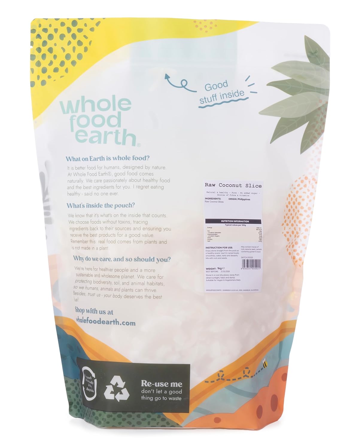 Detalle 2 de Wholefood Earth Rohe Kokosnuss-Scheiben, 1 kg – GMO frei, vegan, milchfrei, ohne Zuckerzusatz
