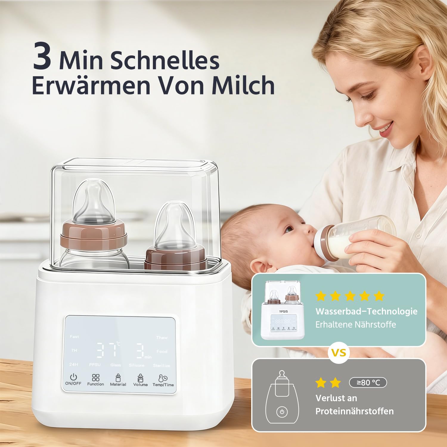 Detalle de YFQIS Flaschenwärmer für Muttermilch 10-in-1 mit Sterilisator, 7/24h Warmhaltefunktion und BPA-frei