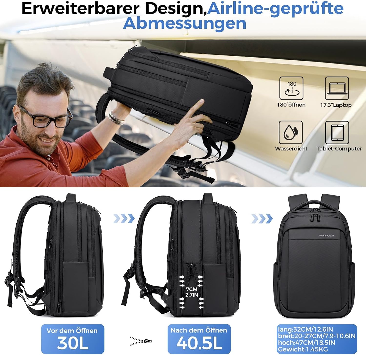 Detalle de Fenree.geer Rucksack Herren 17,3 Zoll – erweiterbarer Handgepäck-Laptoprucksack mit USB-Anschluss und Diebstahlschutz