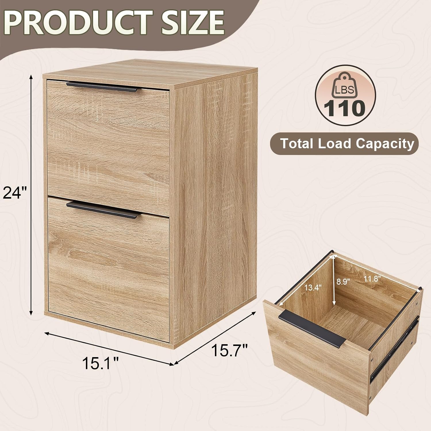 Detalle de FATIGOS MC 2-Drawer Wood File Cabinet, Oak, Letter and A4 Storage