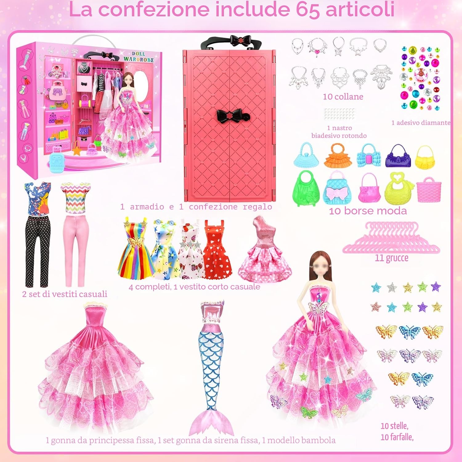 Detalle de 66 Vestiti e Accessori per Bambole con Armadio per Bambole da 11,5 pollici – Set di Moda Inclusivo
