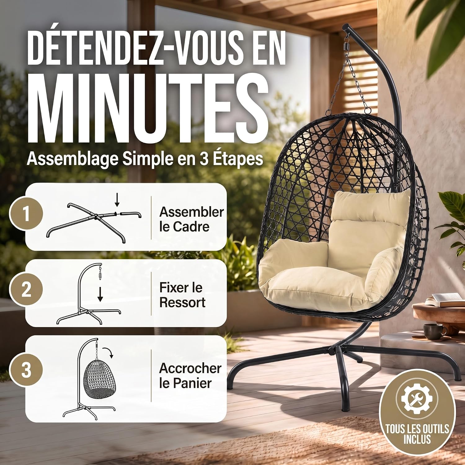 Thumbnail 2 de GOODS+GADGETS® Fauteuil Suspendu avec Support – Egg Chair 120 kg, rotin synthétique et coussin épais