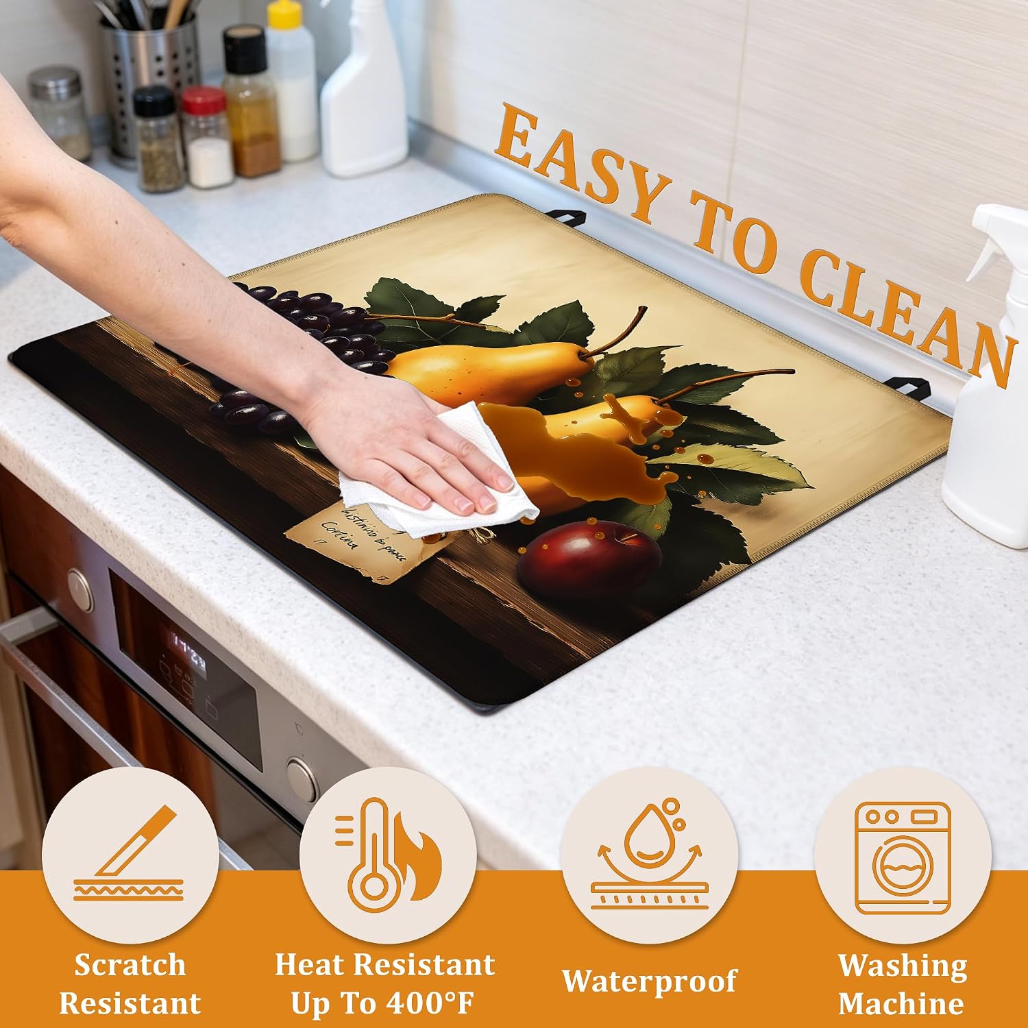 Detalle 1 de YIKTI Rustic Fruits Stove Top Cover, 28 x 20-Inch Washable Rubber Mat