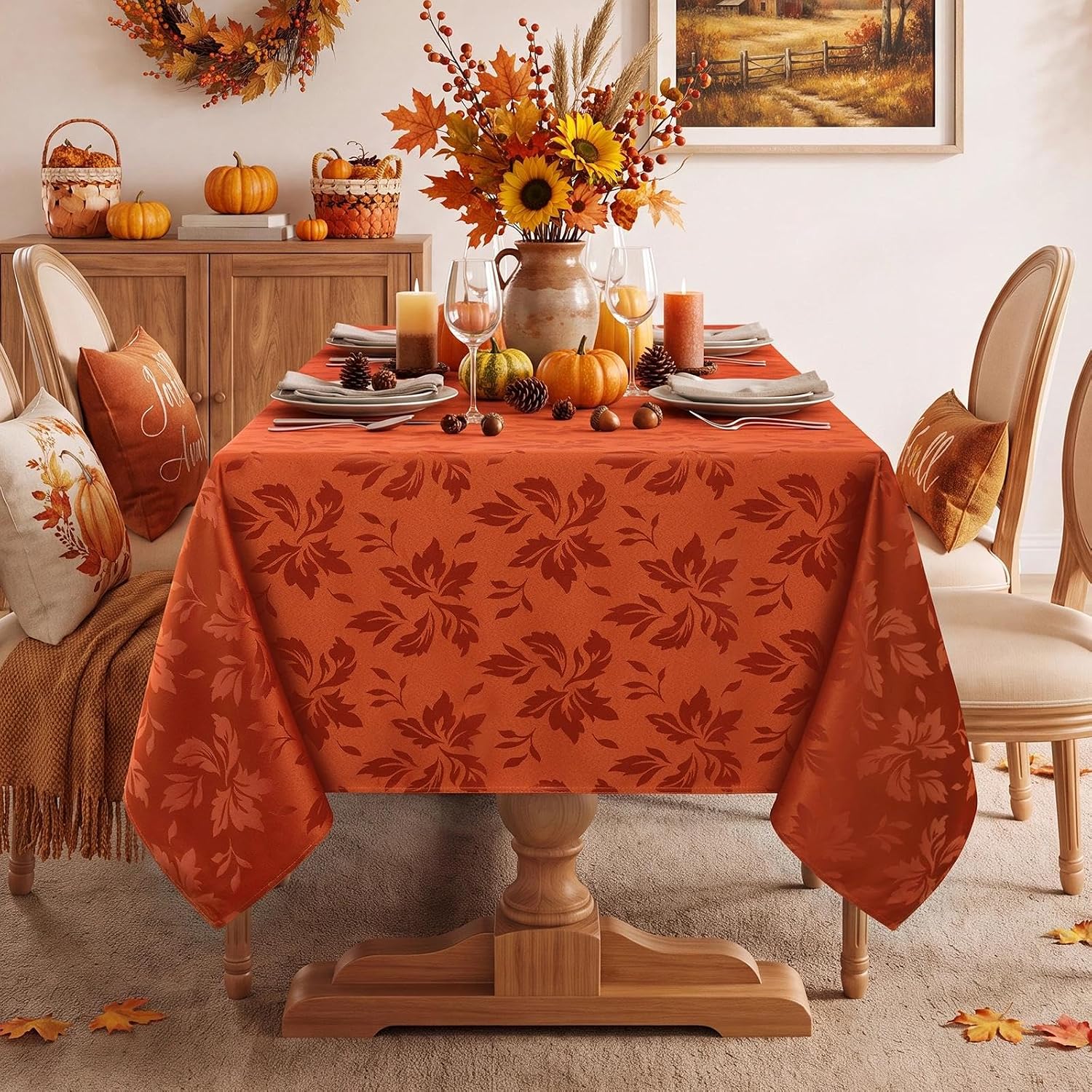 Detalle de Romanstile Fall Jacquard Rectangle Tablecloth, 60 x 84 Inch, Burnt Orange