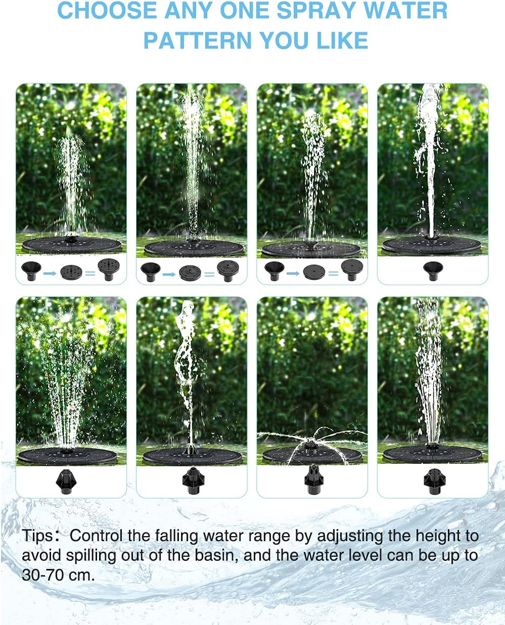Thumbnail 2 de Solar Fountain for Bird Bath (3W) with LED Lights, 8 Nozzles and Anti-Collision Bars – Black