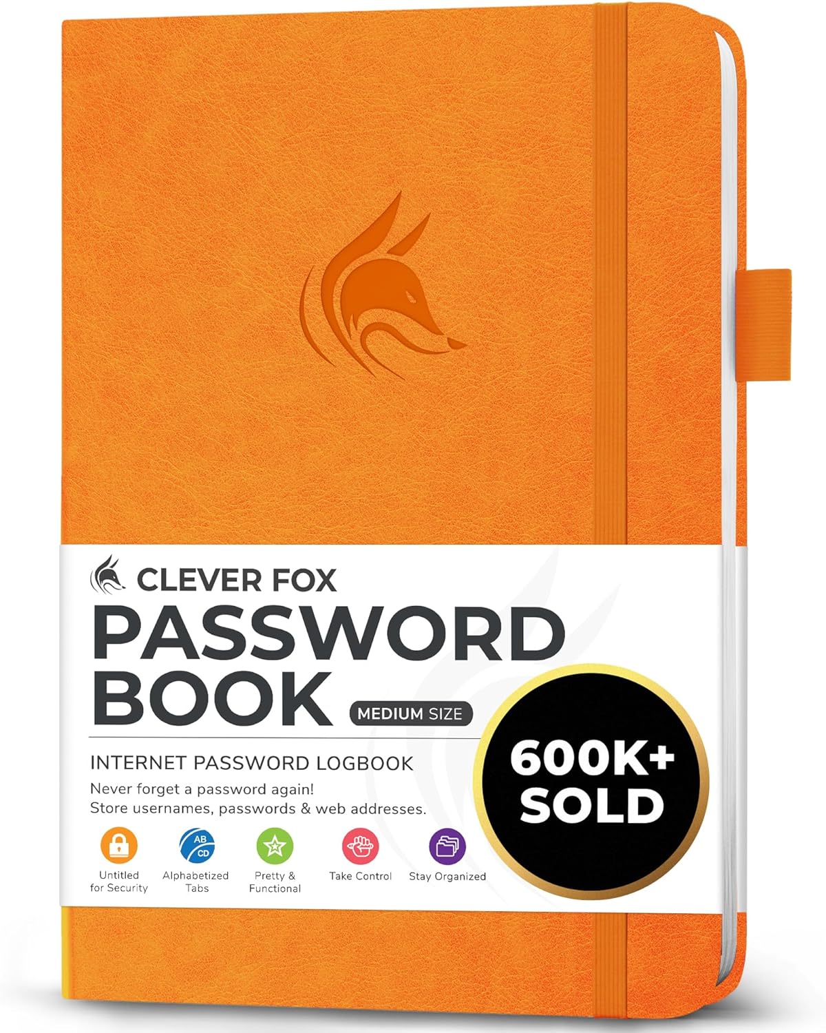 Clever Fox Password Book with Alphabetical Tabs (Medium) – Yellow password & internet address organiser logbook