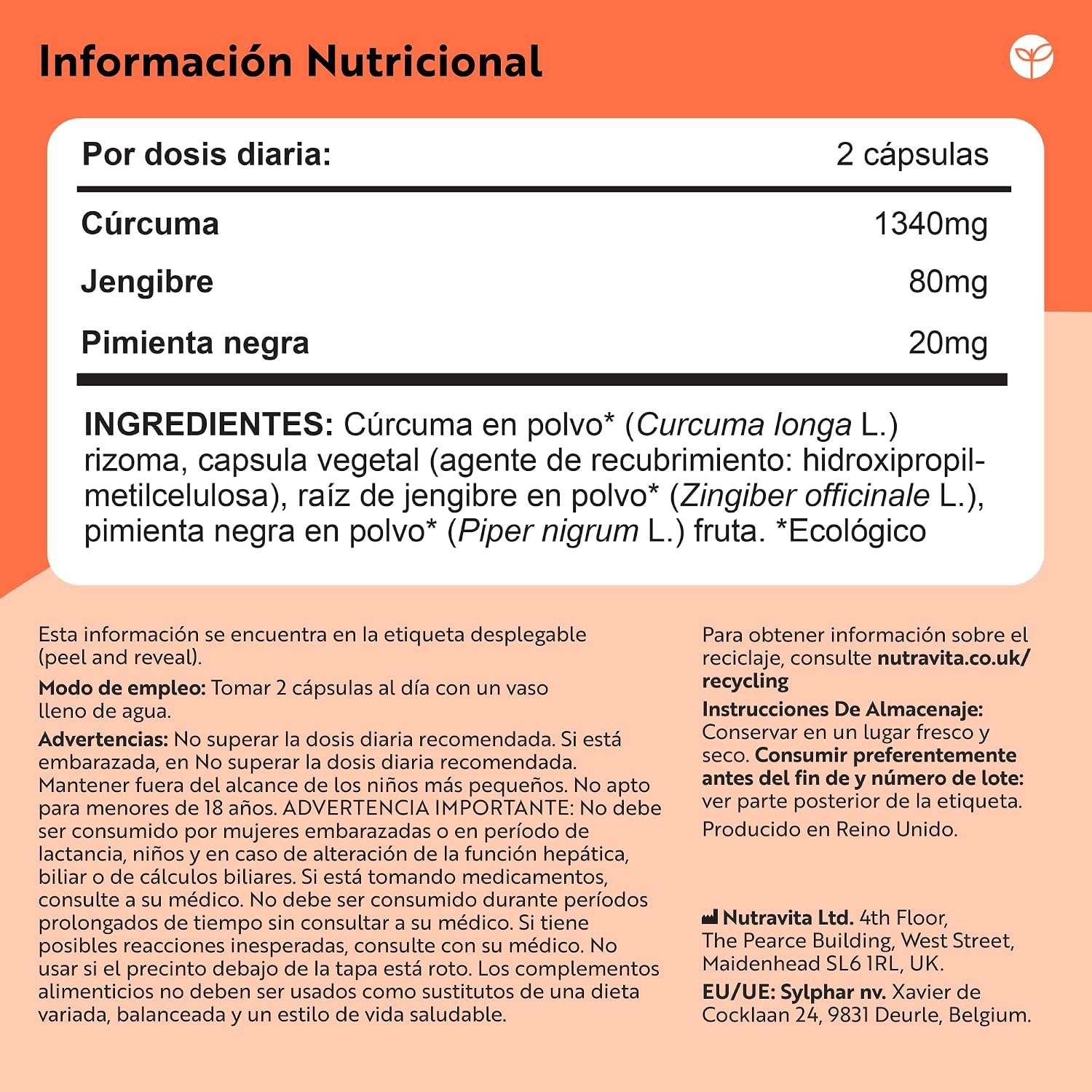 Detalle de Nutravita Cúrcuma Orgánica con Jengibre y Pimienta Negra (extracto de curcumina) – 180 cápsulas veganas