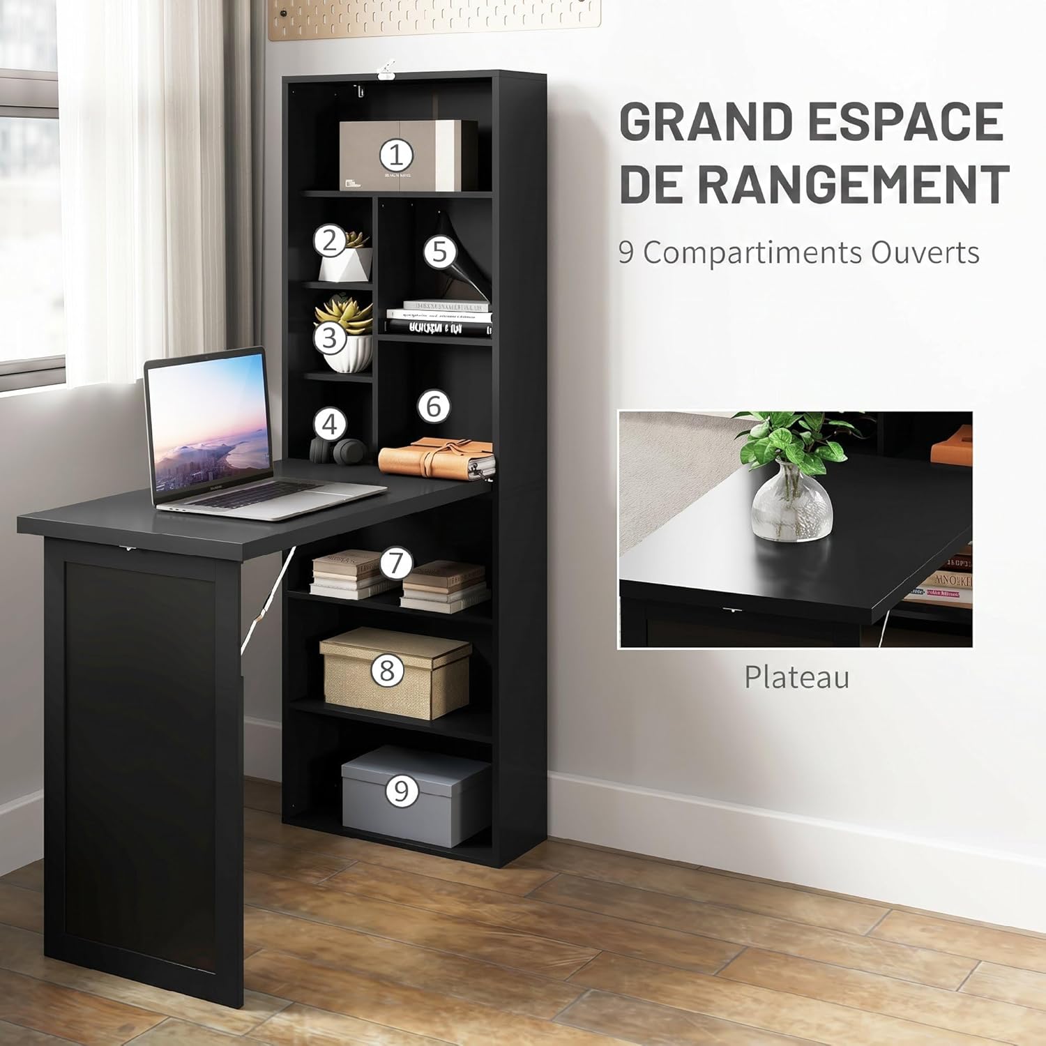 Detalle de HOMCOM Bureau Informatique Pliable avec Bibliothèque et Tableau Noir – 98 x 51 x 153 cm