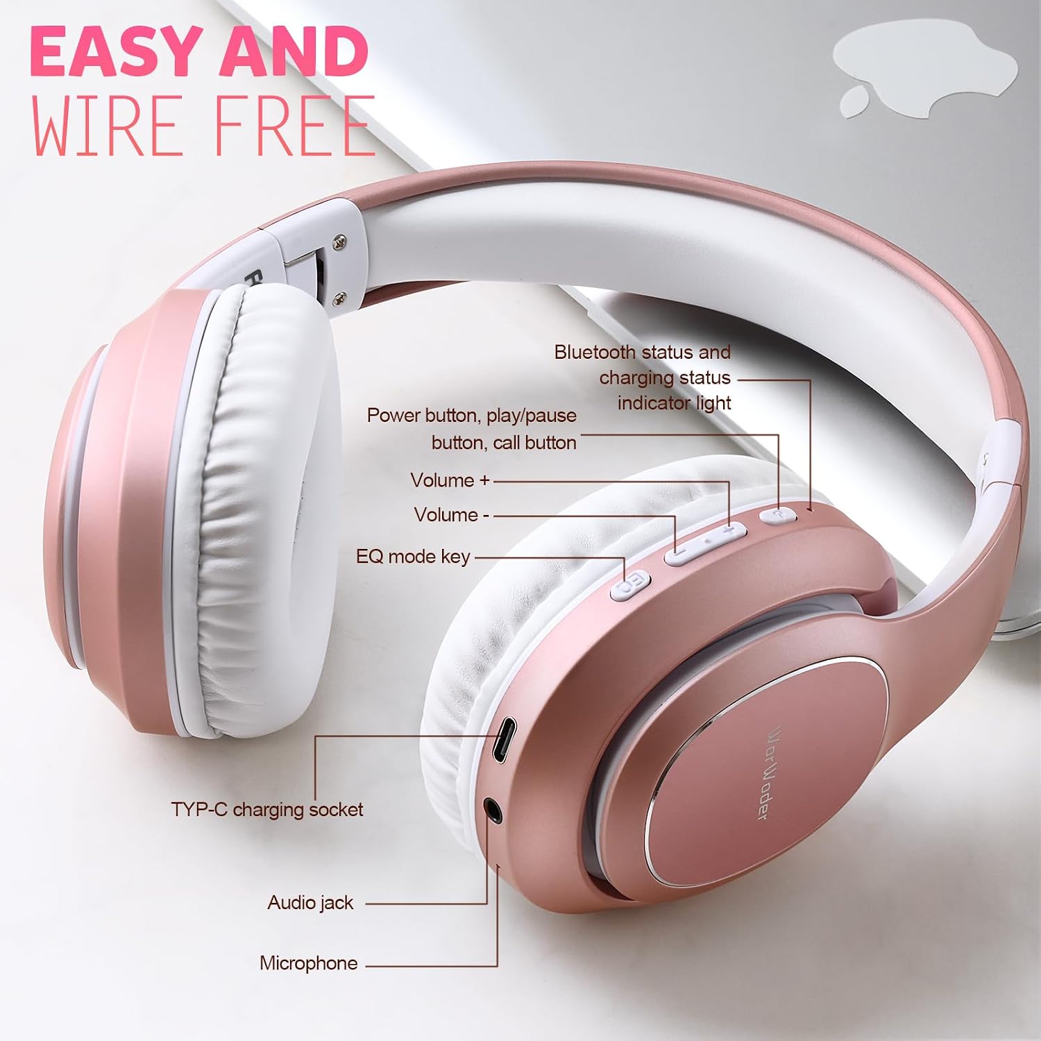 Thumbnail 6 de WorWoder W-915 wireless over-ear headphones with 80 hours playtime and microphone (Rose Gold)