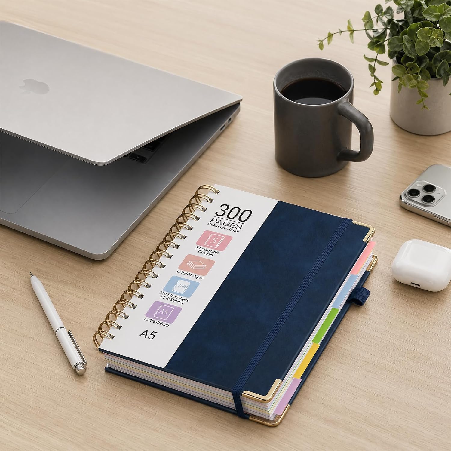 Thumbnail 6 de MOFELON A5 Notebook with Dividers: 300-Page Spiral Journal in Navy Blue
