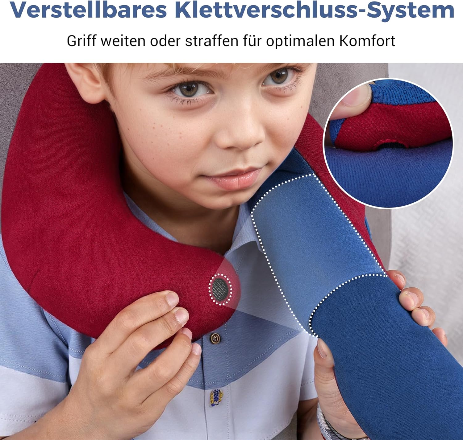 Detalle de INFANZIA Kinder Reisekissen – Weiches Nackenkissen für Reisen (Rot-Blau) für Kleinkinder ab 3 Jahren