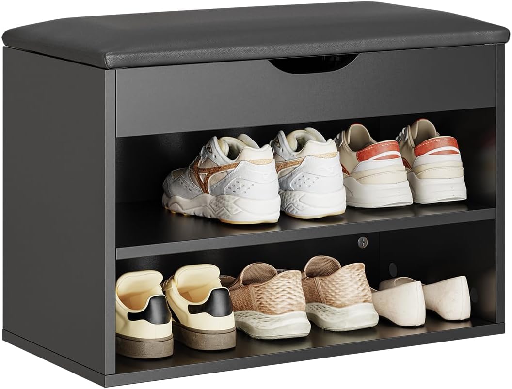 Detalle de SoBuy Banc Chaussures Entrée FSR25-SCH – Banc de rangement 3 en 1, 60 × 30 × 43 cm, noir