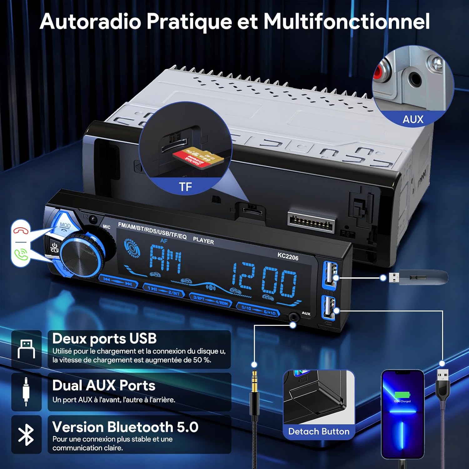 Thumbnail 5 de RDS Autoradio Bluetooth con Frontale Rimovibile per Auto 1 DIN 4x65W – Wistrue
