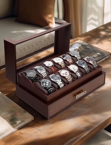 Detalle de Scatola porta orologi di lusso Kamier: 12 scomparti, coperchio in vetro e cassetto integrato
