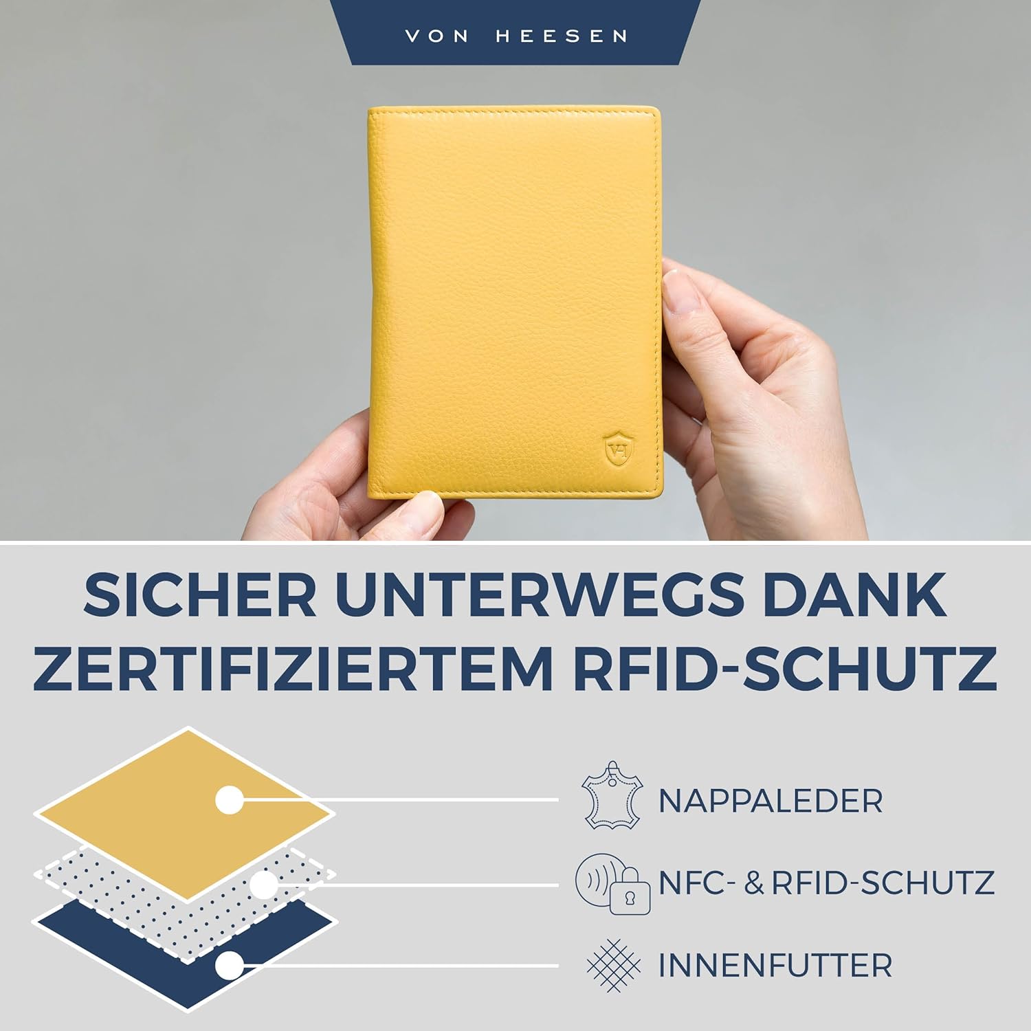 Detalle de VON HEESEN Reisepasshülle Leder Etui mit RFID-Schutz (Gelb) – Passhülle & Karten-Organizer