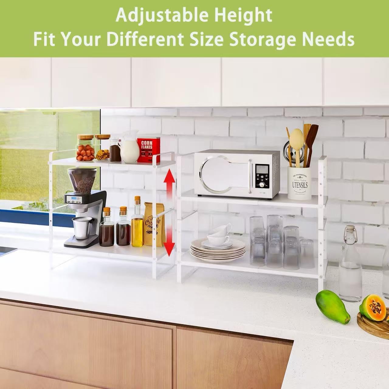 Detalle de Across-Star Expandable Cabinet Shelf Organizer Rack (White) — Adjustable Height Spice/Pantry Shelf, 2 Pack