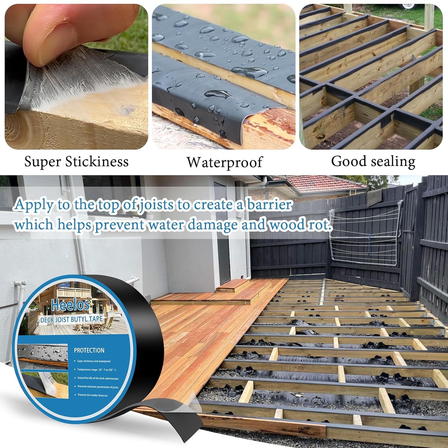 Detalle de Heelos Joist Tape for Decking 2''×50', 16 Pack: Weather-Resistant Butyl Tape for Wood Decks