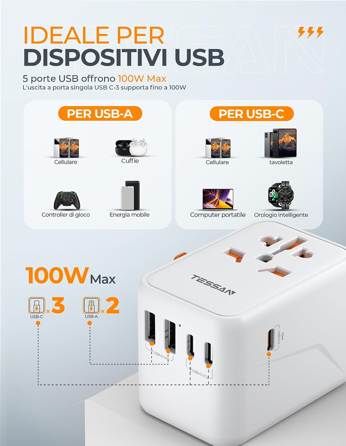 Detalle 2 de TESSAN Adattatore Universale da Viaggio 100W