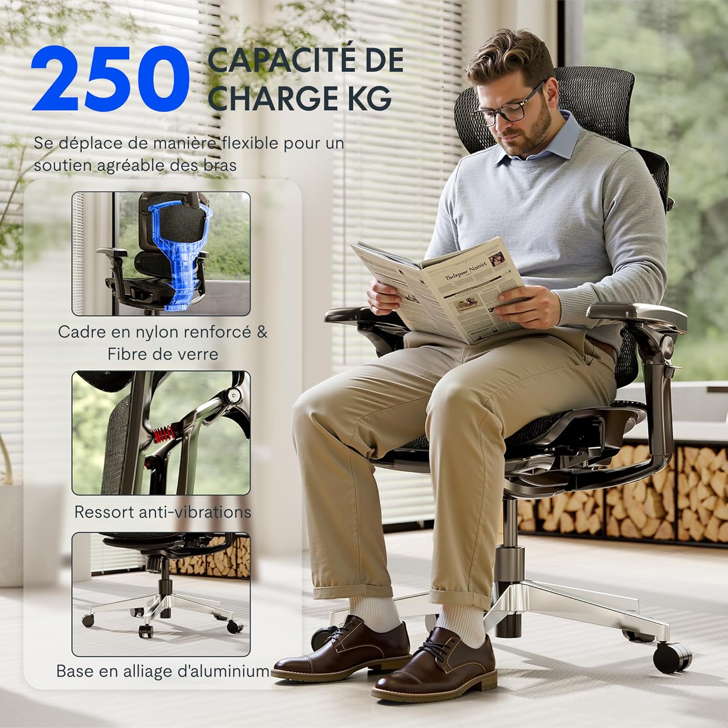 Detalle de FLEXISPOT ErgoX Pro – Chaise de bureau ergonomique avec Repose-Pieds, accoudoirs 7D et soutien lombaire 12 niveaux
