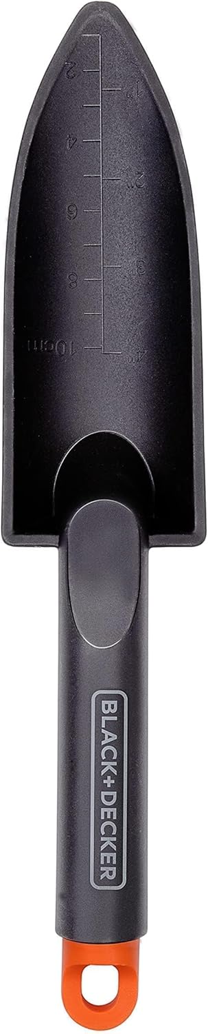Detalle de BLACK+DECKER Pala da giardino con scala di misurazione, 30,5 cm – PP, Nero/Arancione