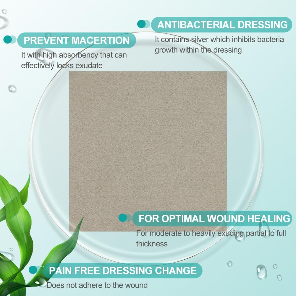 Detalle de Dimora Upgrade Silver Calcium Alginate Wound Dressing (4'' x 4'') – Antibacterial Non-Stick Gauze, Sterile Absorbent Pads, 5 Packs