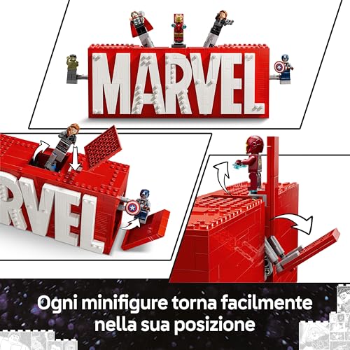 Detalle de LEGO Marvel Logo e Minifigure: set 76313, il logo Marvel con 5 leggende Avengers in 3D