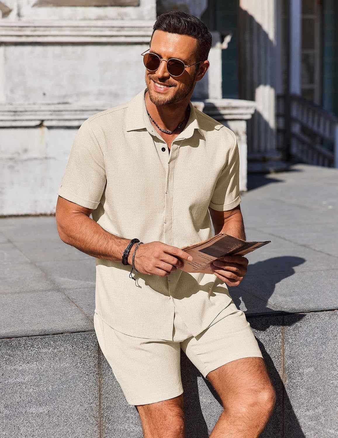 Thumbnail 2 de COOFANDY Men's 2-Piece Summer Set with Linen-Texture Shirt and Drawstring Shorts