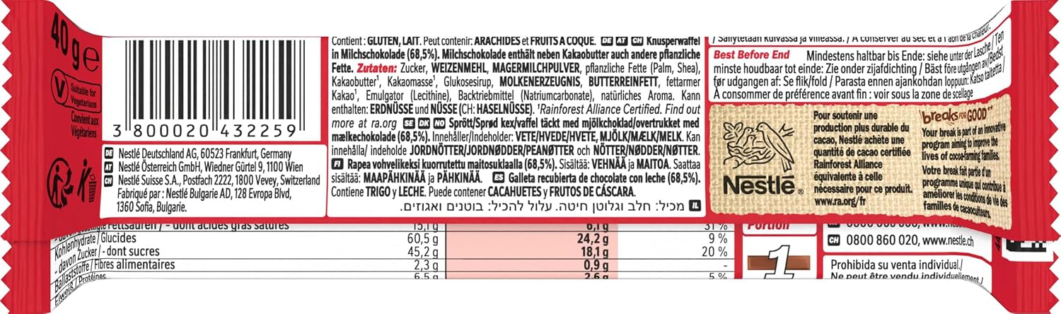 Detalle de NESTLÉ KITKAT CHUNKY Classic Schokoriegel Multi-Pack (24er, 24 x 40 g) – knusprige Waffel mit Milchschokolade