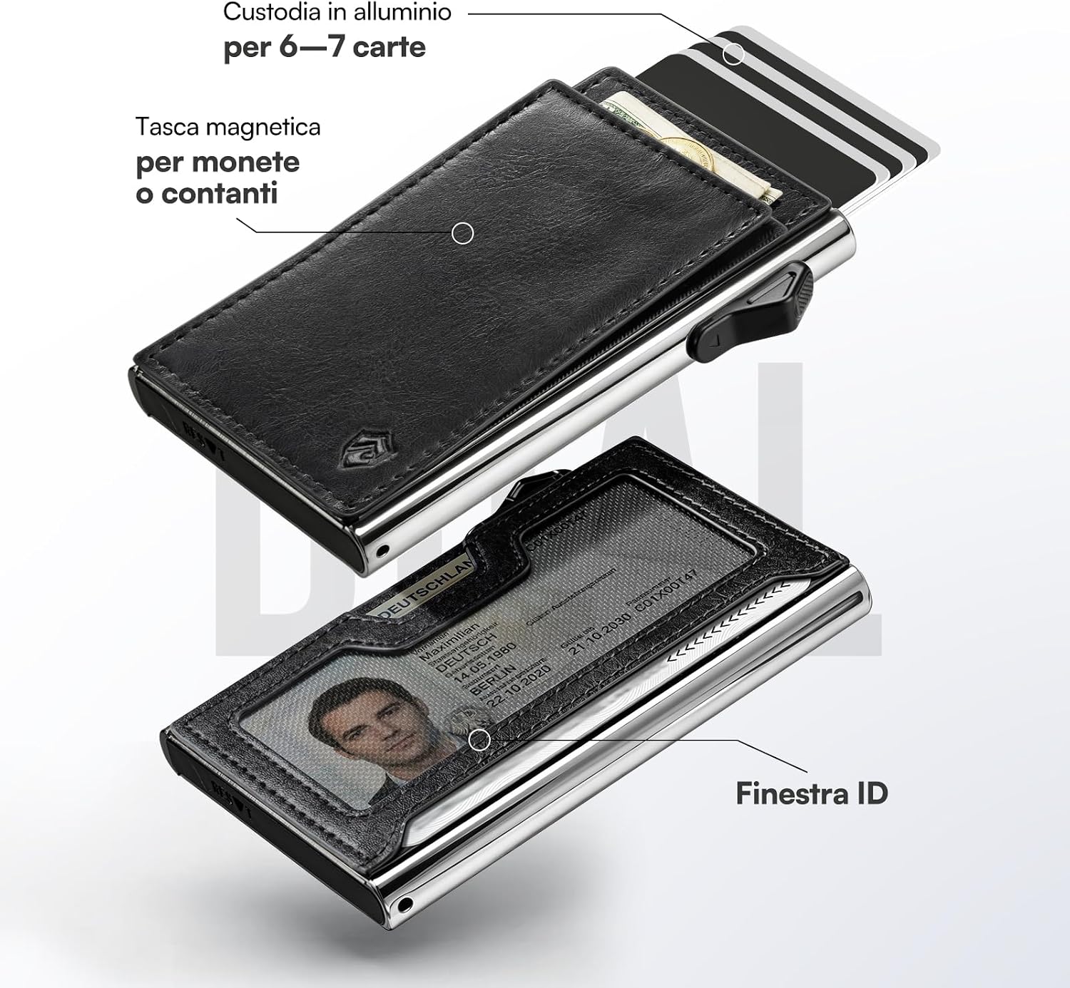 Thumbnail 1 de YESIIW Porta Carte Uomo Bauhaus – Ultra Slim Pop up, Alluminio con Pelle Vintage, RFID, Nero