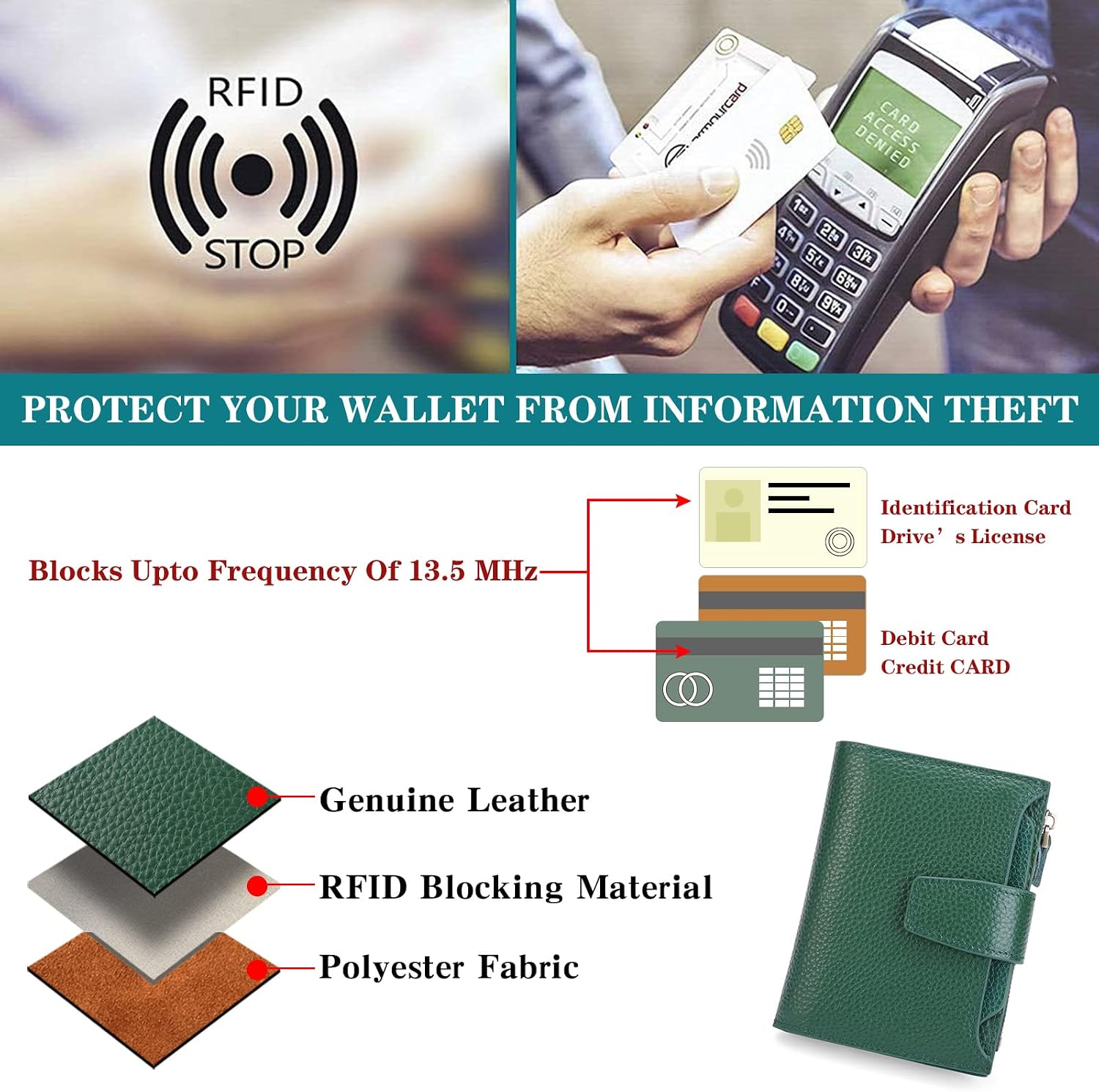 Thumbnail 6 de SENDEFN RFID leather compact wallet 5.12 in