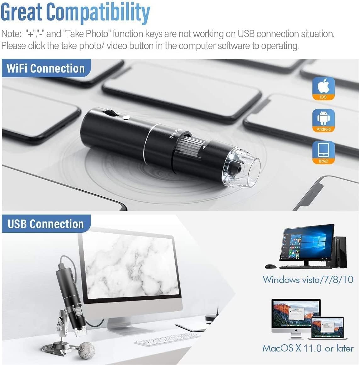 Detalle de SKYBASIC Microscope numérique Wi‑Fi portable 1000X avec loupe et 8 LED pour smartphones (Android/iOS) et PC